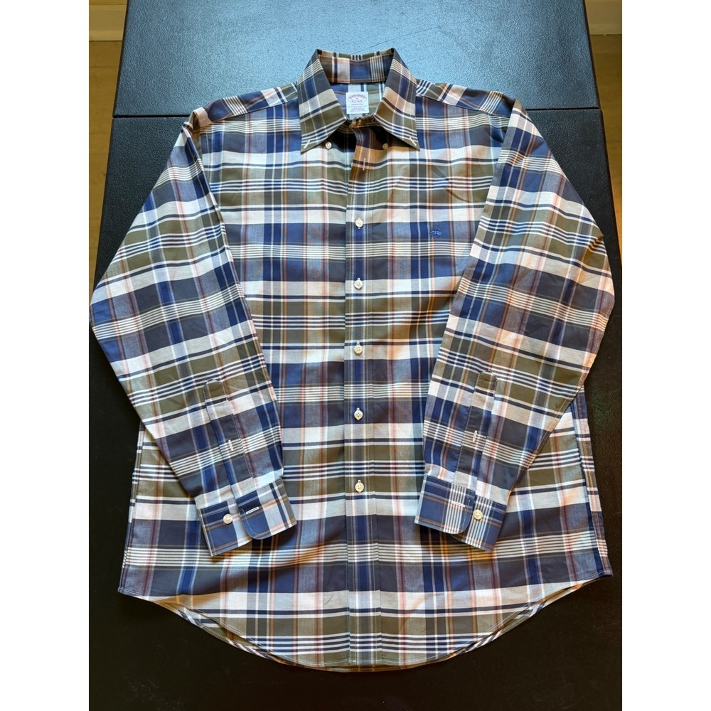 Brooks Brothers Madison Fit Plaid Shirt Mens Medium Non-Iron Supima Cotton Blue